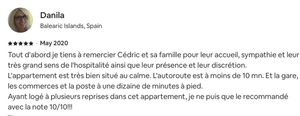 En primer lugar quiero agradecer a Cédric y su familia por su acogida, simpatía y su gran sentido de la hospitalidad, así como por su presencia y discreción. El apartamento está muy bien situado en una zona tranquila. La autopista está a menos de 10 minutos. Y la estación, comercios y correos a unos diez minutos a pie. Habiéndome alojado en varias ocasiones en este apartamento, ¡no puedo sino recomendarlo con una nota de 10/10!!!